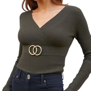 Enzoria Ribbed Wrap Sweater with Gold Accent Faux Belt in Olive Size S